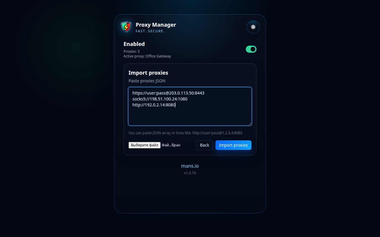 Schermata di importazione del Gestore proxy
