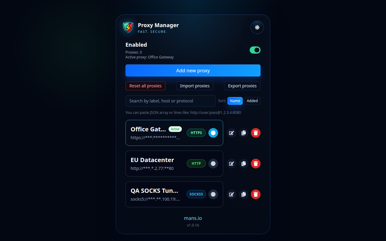Elenco dei profili del proxy manager
